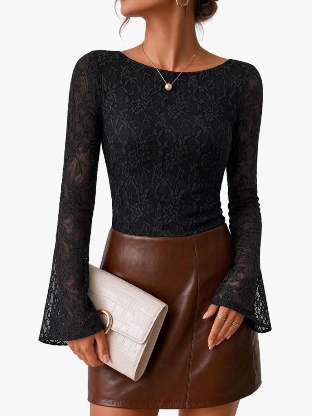 Black Lace Long Sleeve Boat Neck Fitted Bell Sleeve Top
